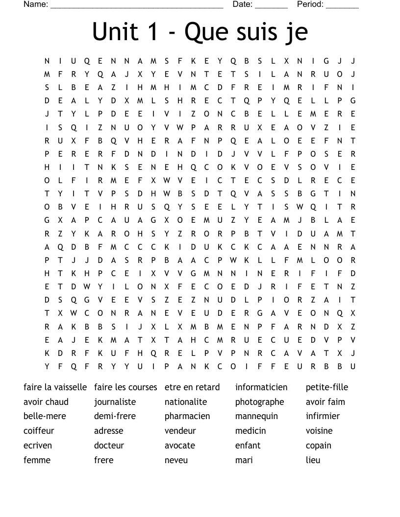 Unit 1 - Que suis je Word Search