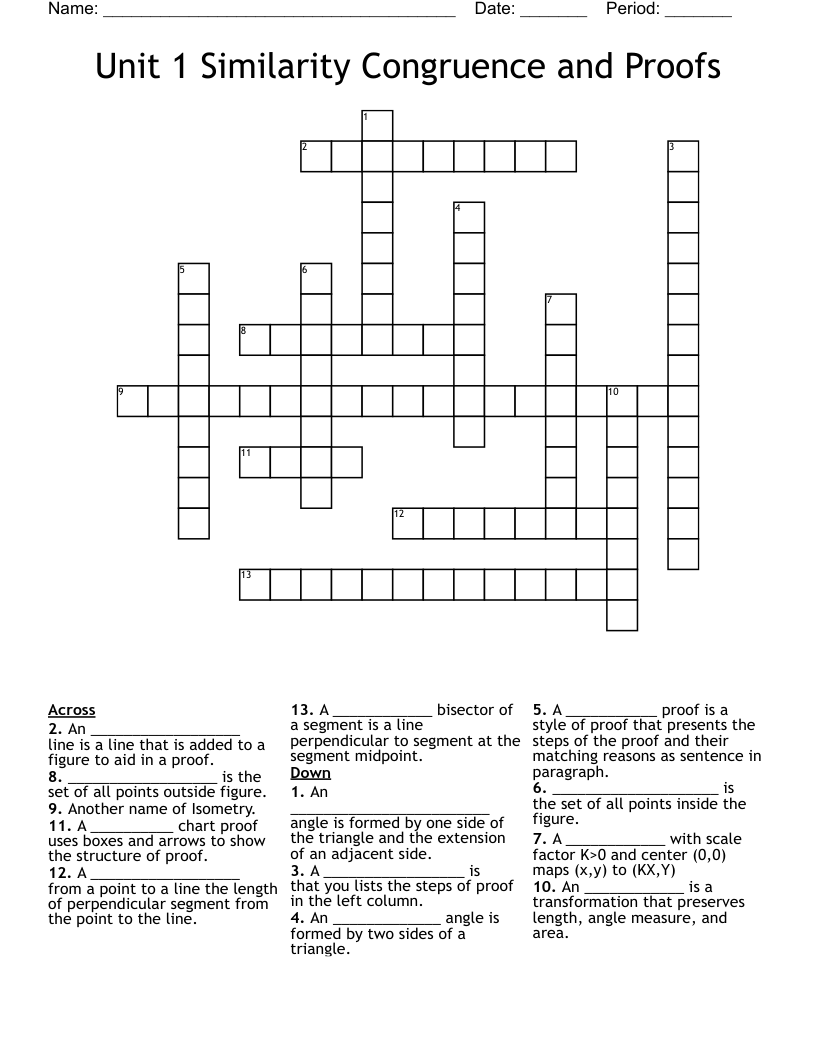 Unit 1  Similarity Congruence and Proofs  Crossword