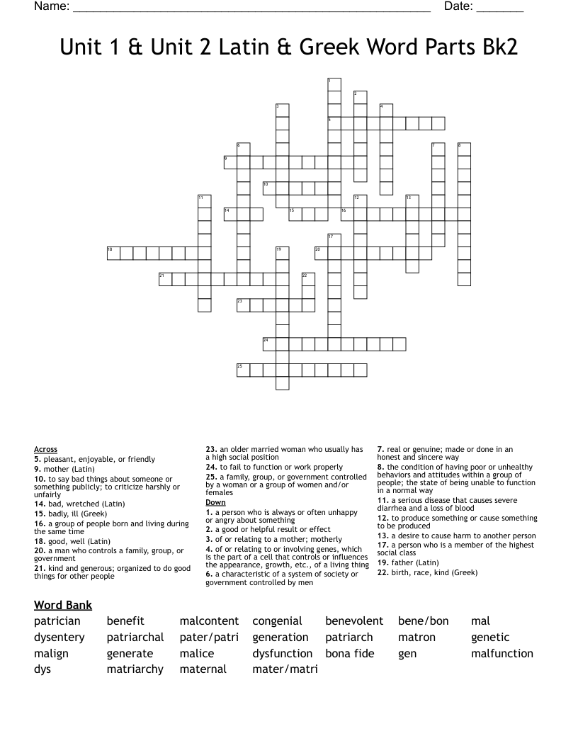 Unit 1 & Unit 2 Latin & Greek Word Parts Bk2 Crossword