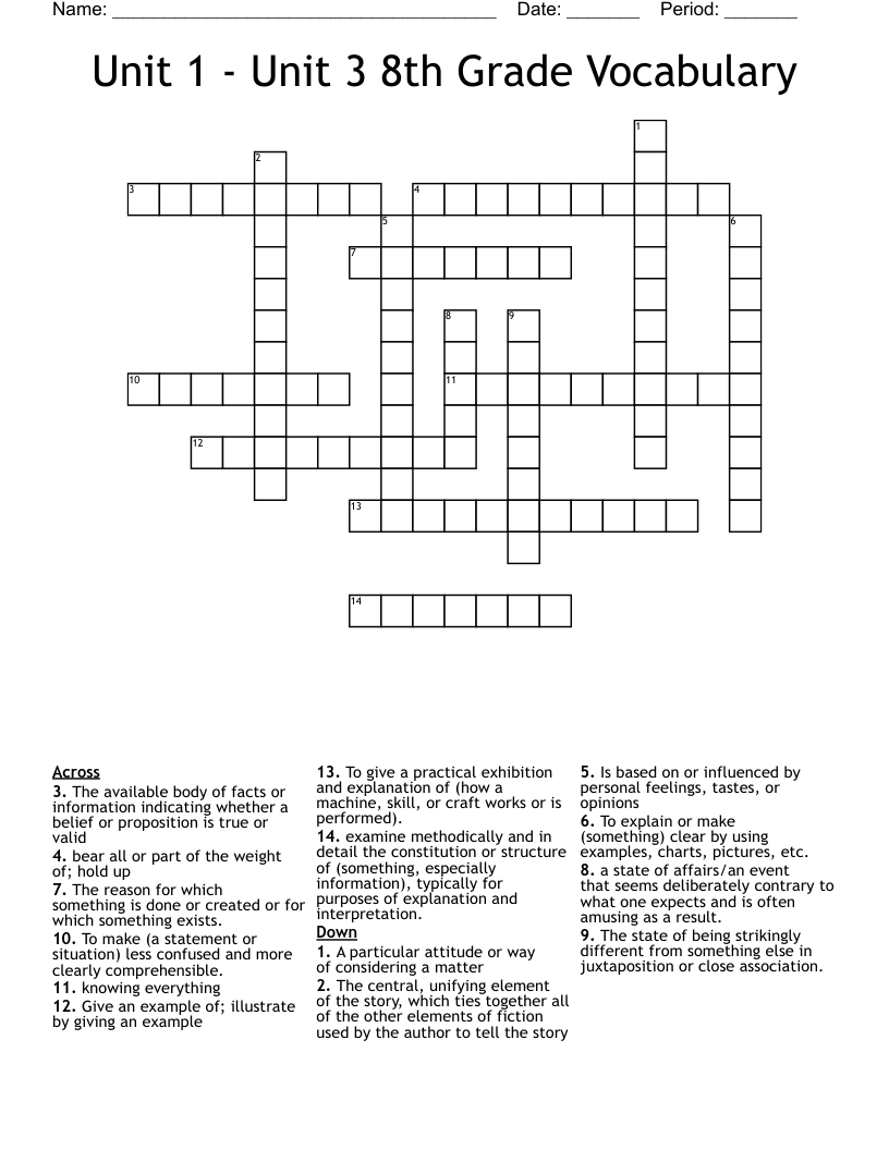 Unit 1 - Unit 3 8th Grade Vocabulary Crossword