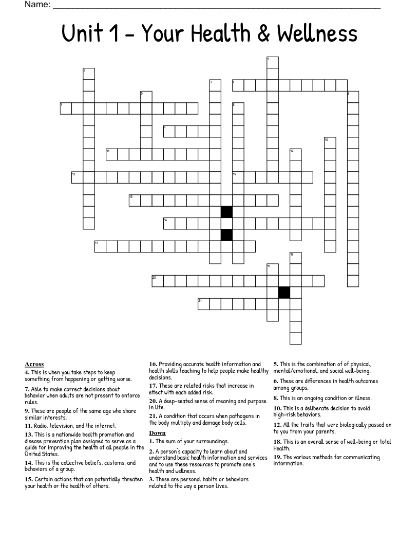 Unit 1 - Your Health & Wellness Crossword