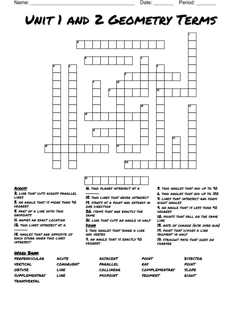 Unit 1 and 2 Geometry Terms Crossword