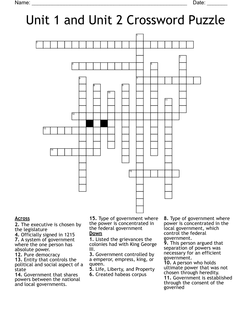 Unit 1 and Unit 2 Crossword Puzzle