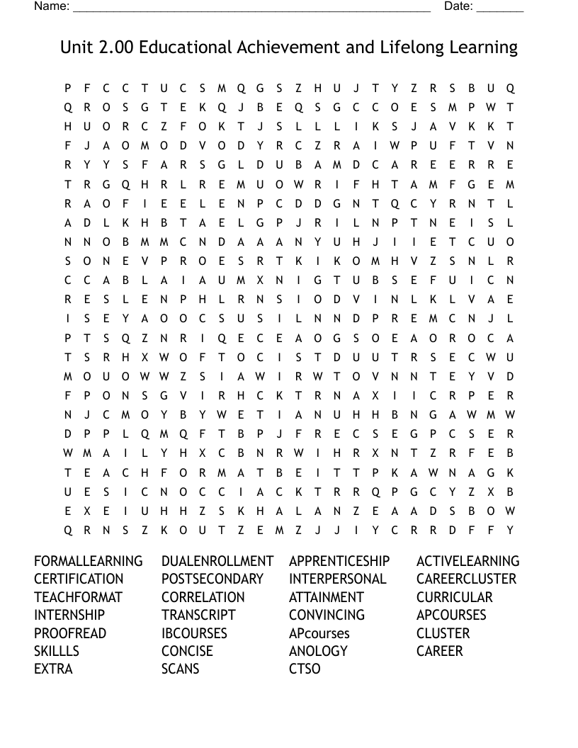 Unit 2.00 Educational Achievement and Lifelong Learning Word Search