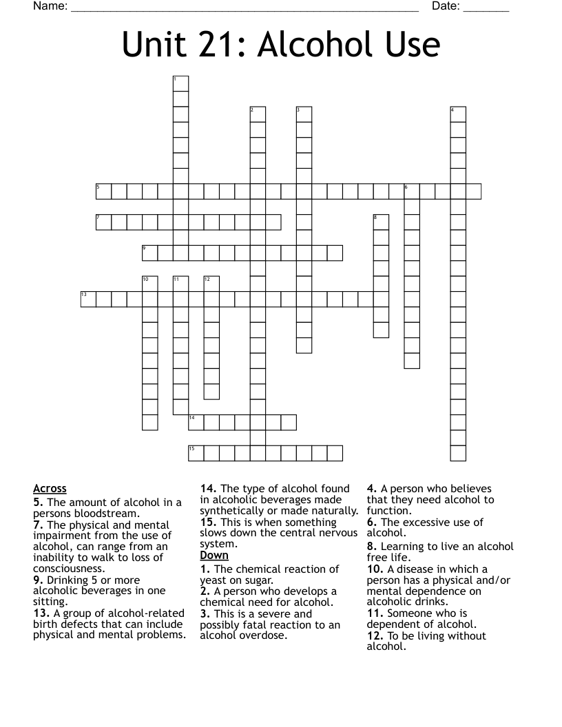Unit 21: Alcohol Use Crossword