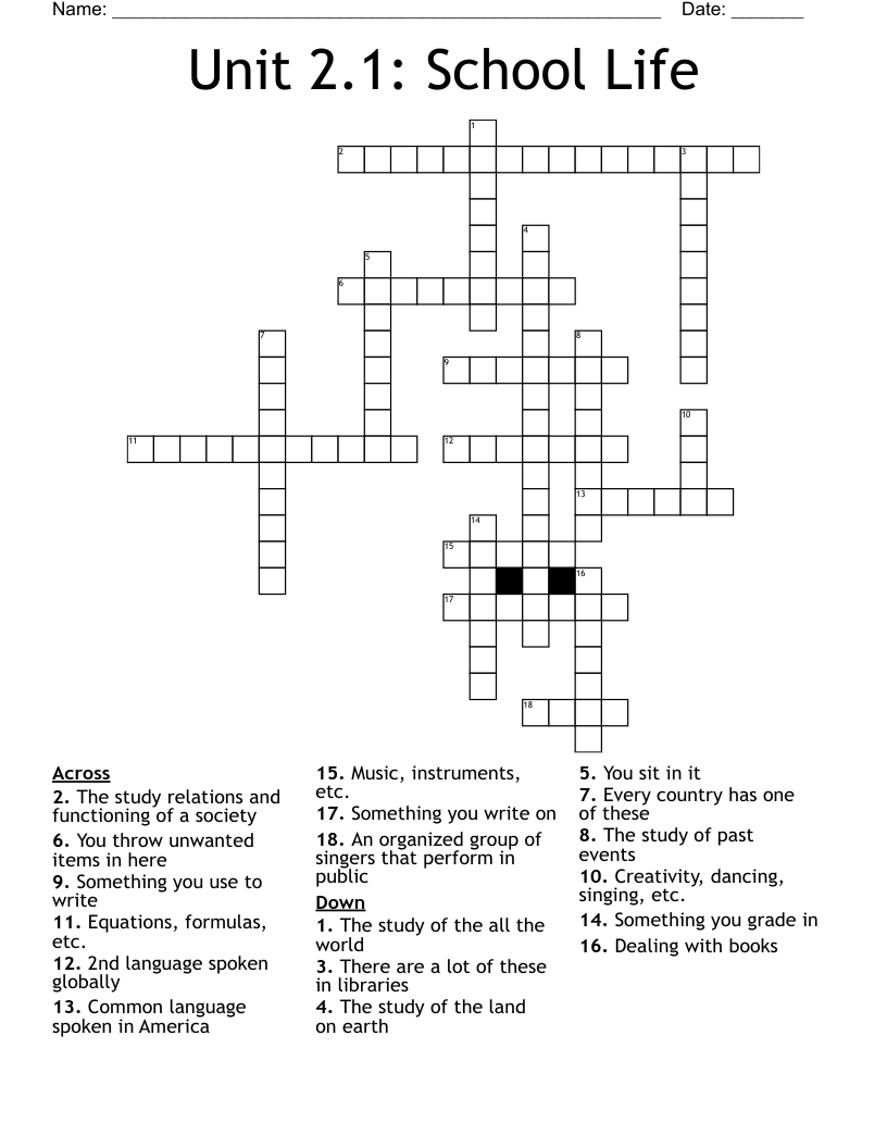 Unit 2.1: School Life Crossword