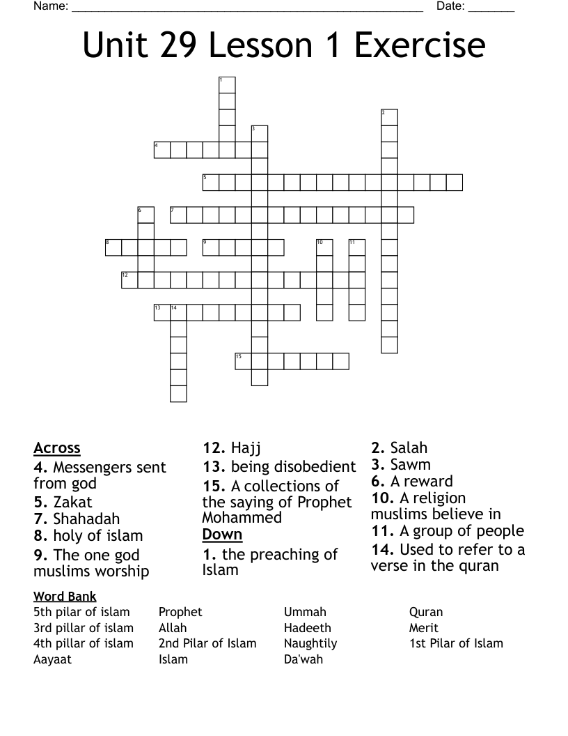 Unit 29 Lesson 1 Exercise Crossword