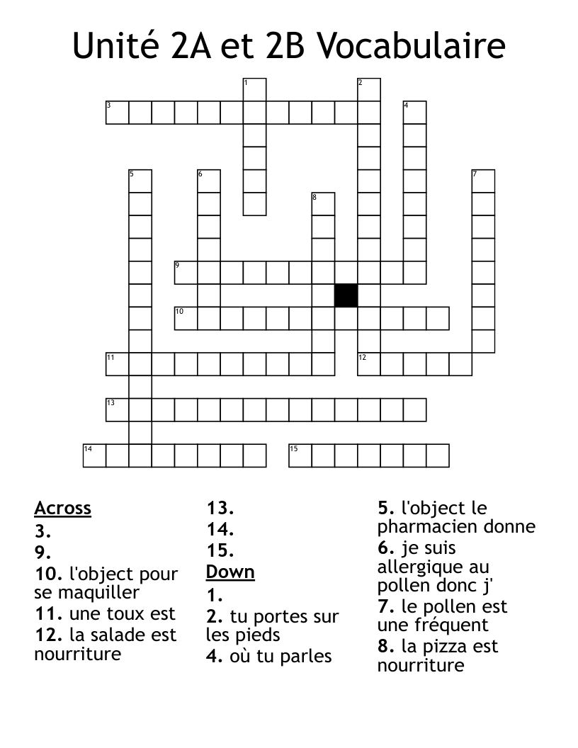 Unité 2A et 2B Vocabulaire Crossword