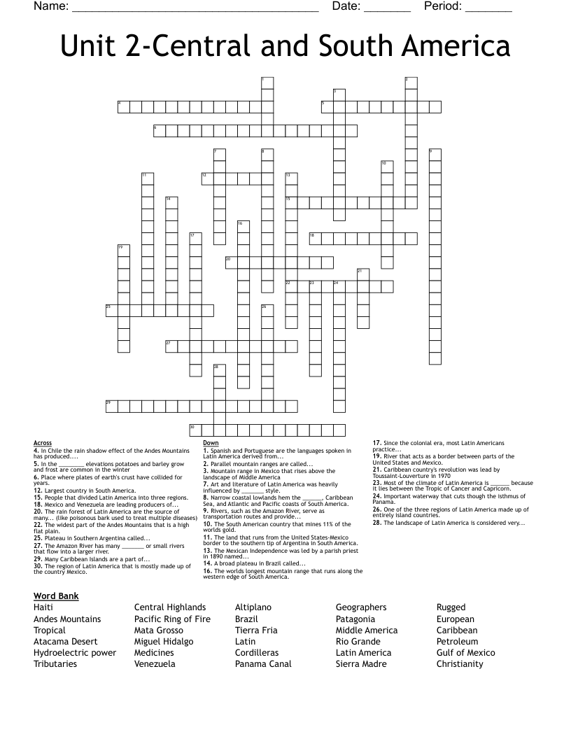 Unit 2-Central and South America Crossword