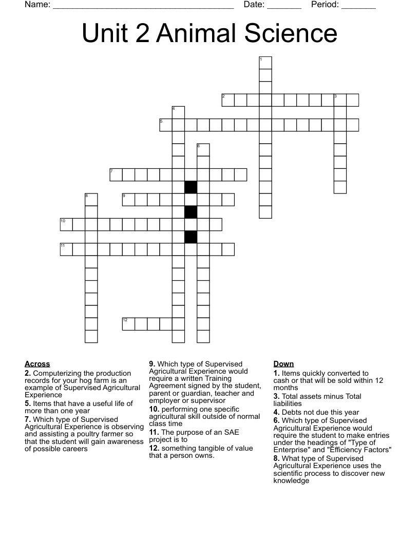Unit 2 Animal Science  Crossword