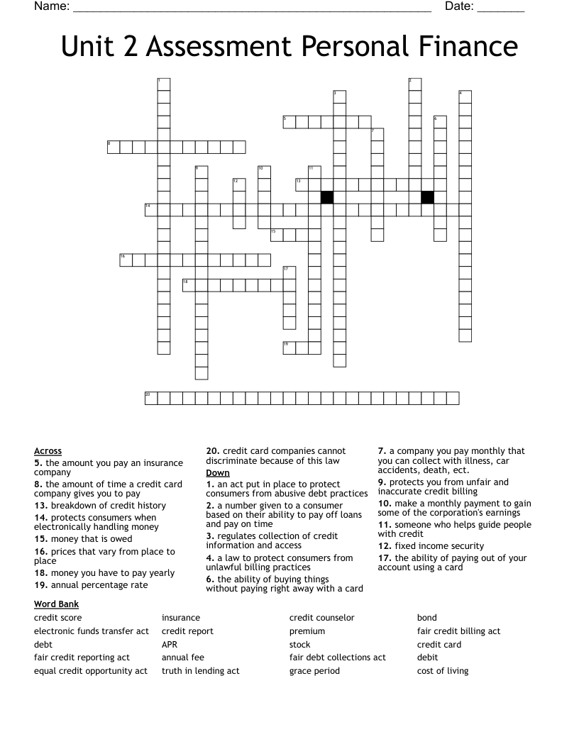 Unit 2 Assessment Personal Finance Crossword