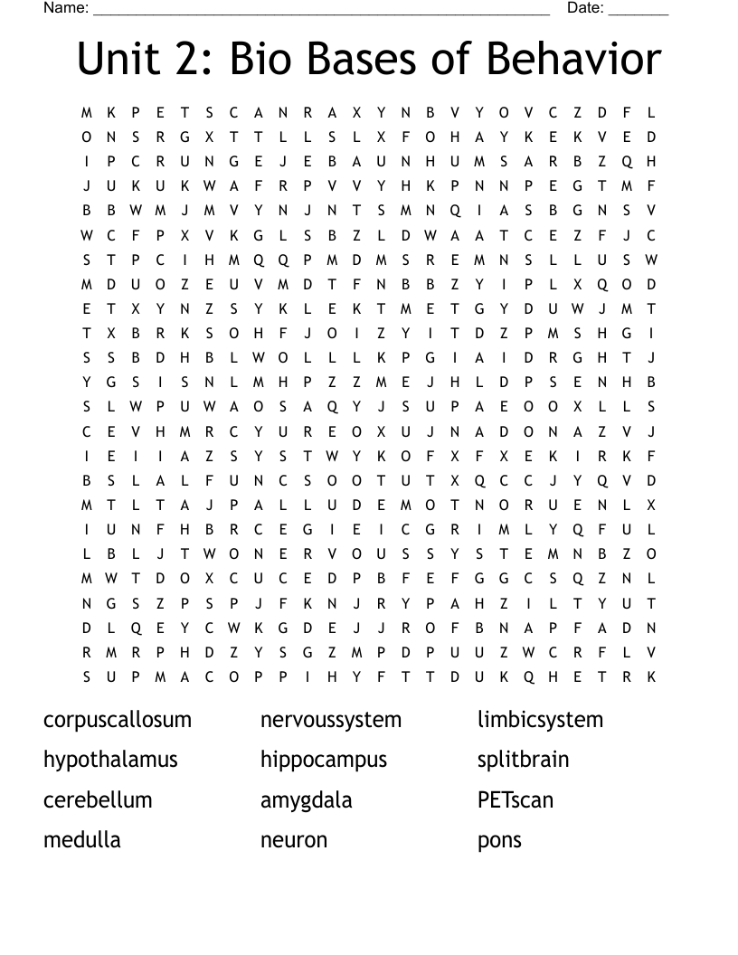 Unit 2: Bio Bases of Behavior Word Search