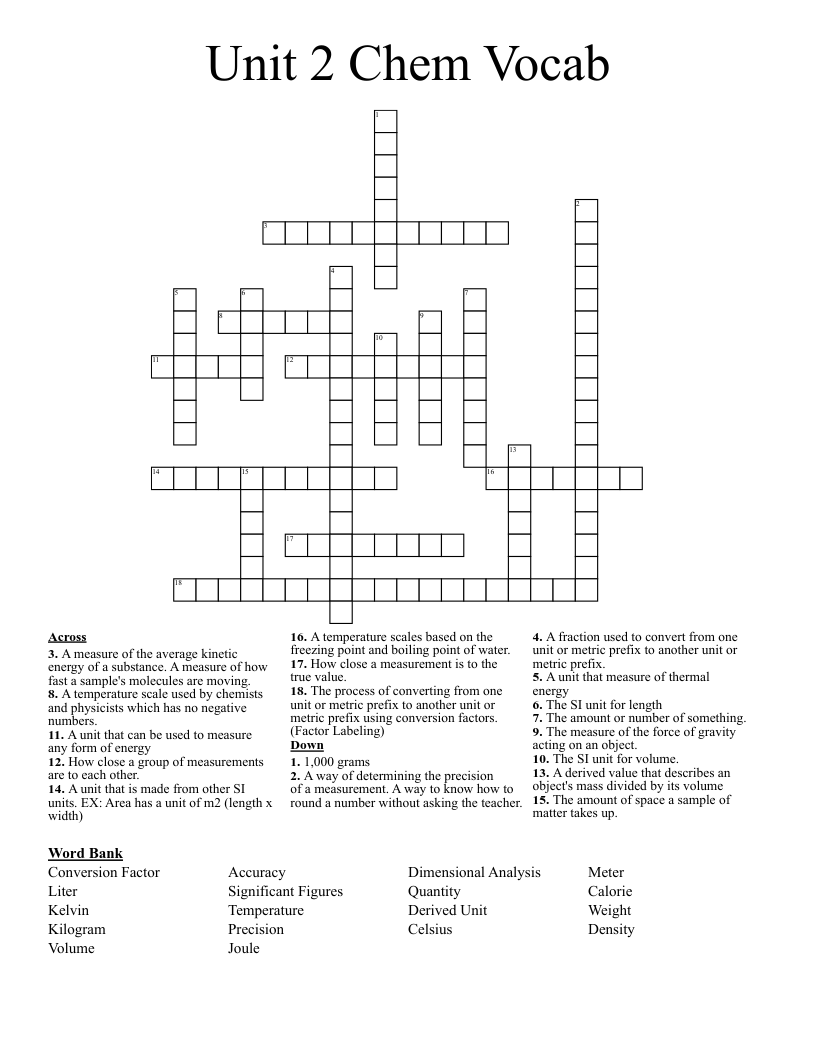 Unit 2 Chem Vocab Crossword
