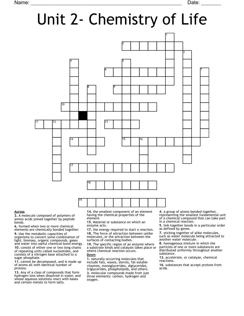 Unit 2- Chemistry of Life Crossword