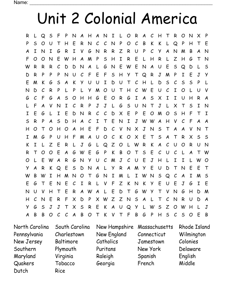Unit 2 Colonial America  Word Search