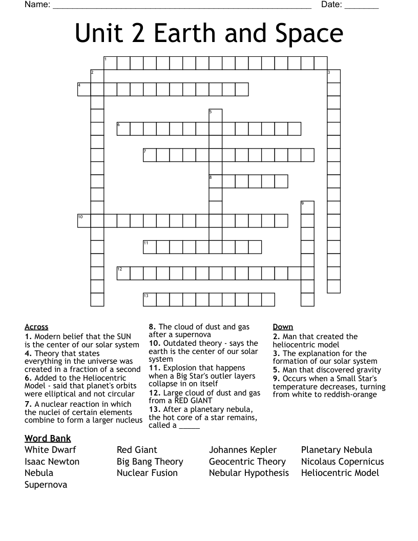 Unit 2 Earth and Space Crossword