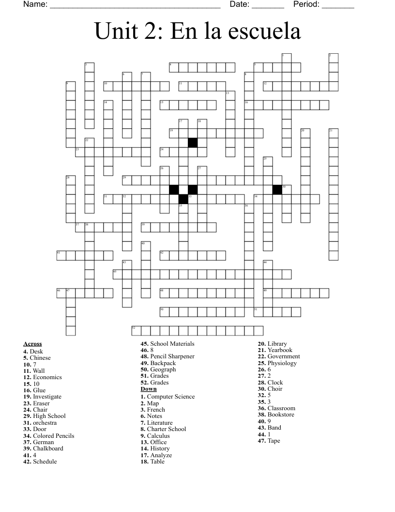 Unit 2: En la escuela Crossword