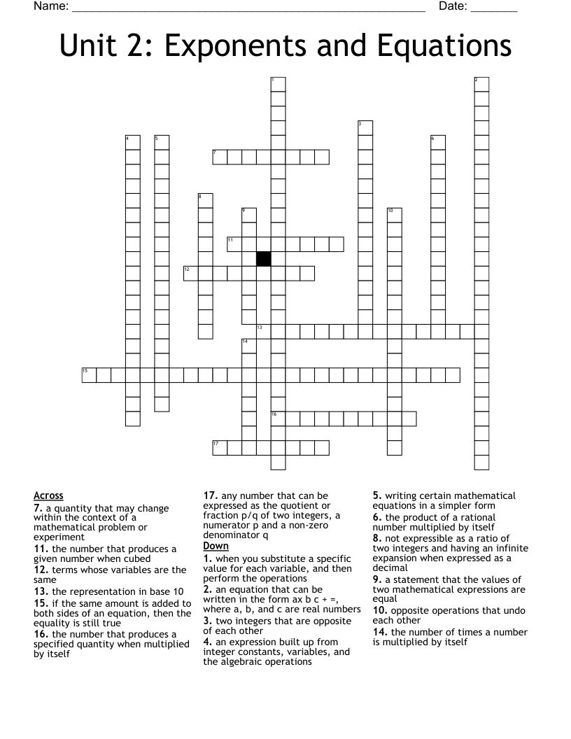 Unit 2: Exponents and Equations Crossword