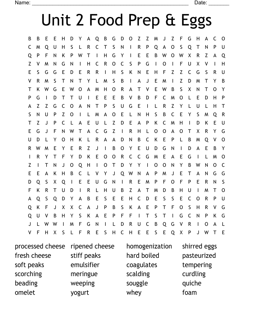 Unit 2 Food Prep & Eggs Word Search