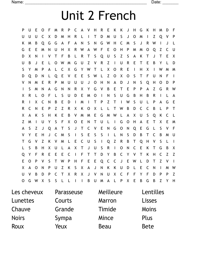 Unit 2 French Word Search