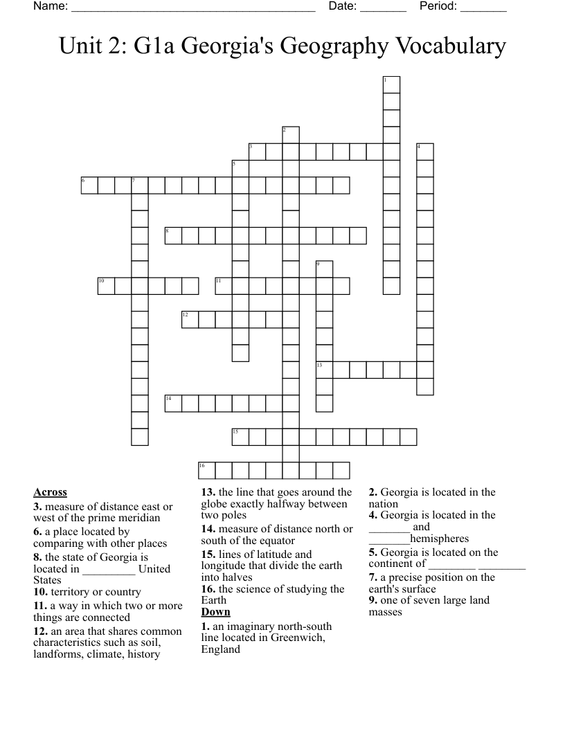 Unit 2: G1a Georgia's Geography Vocabulary Crossword