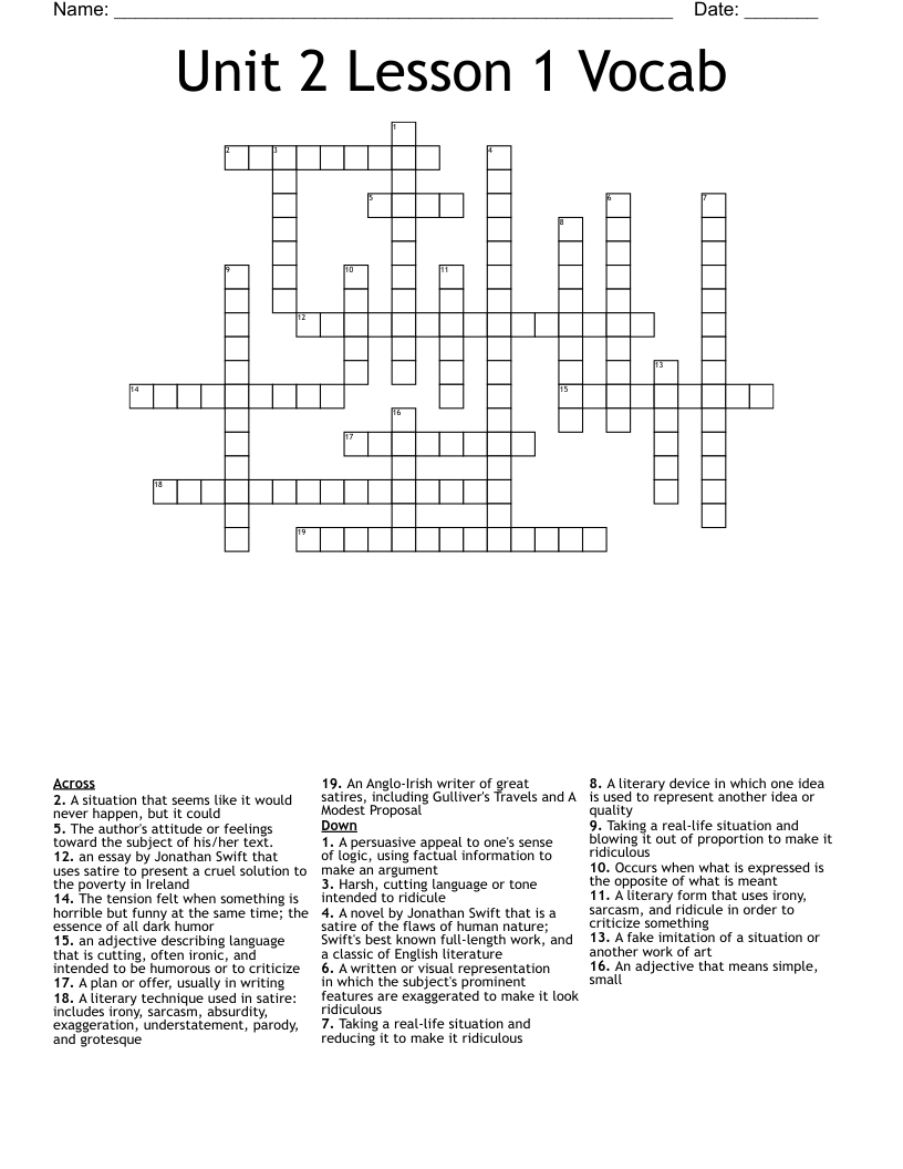 Unit 2 Lesson 1 Vocab Crossword