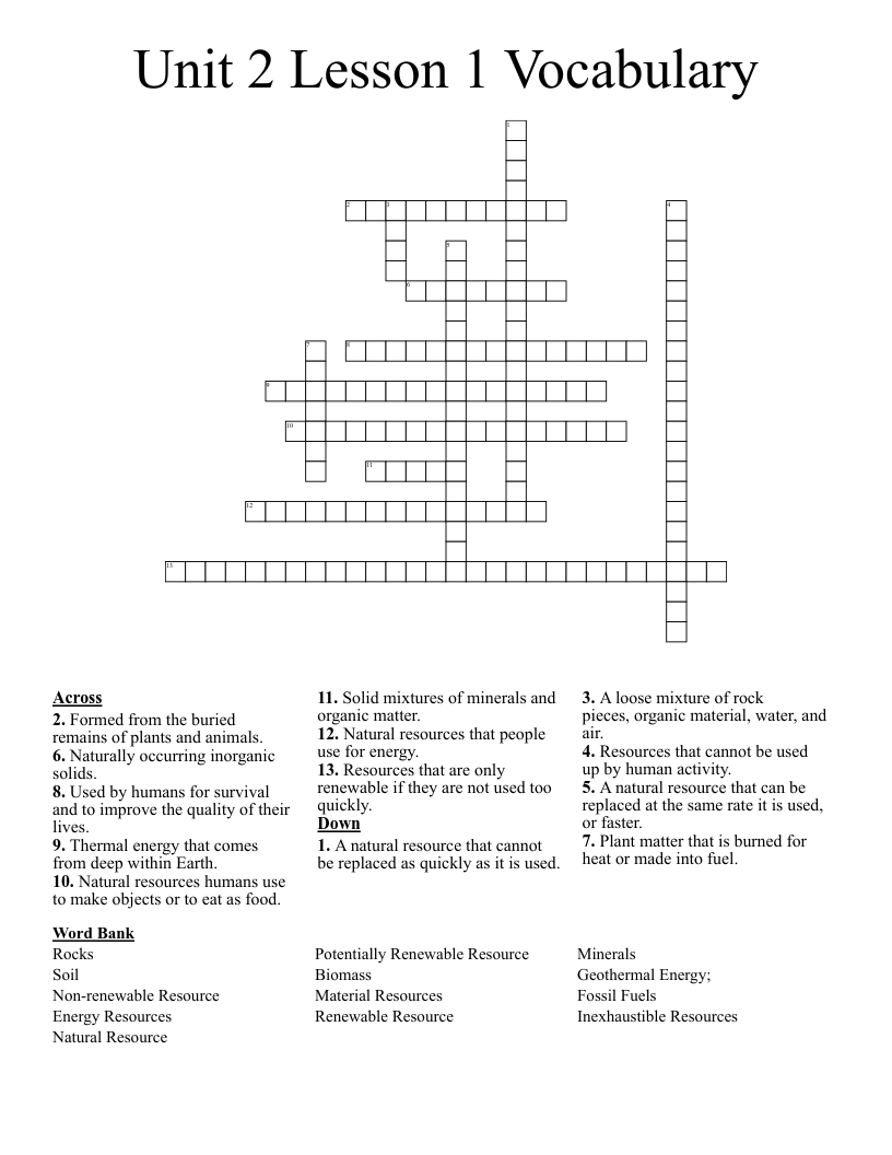 Unit 2 Lesson 1 Vocabulary Crossword