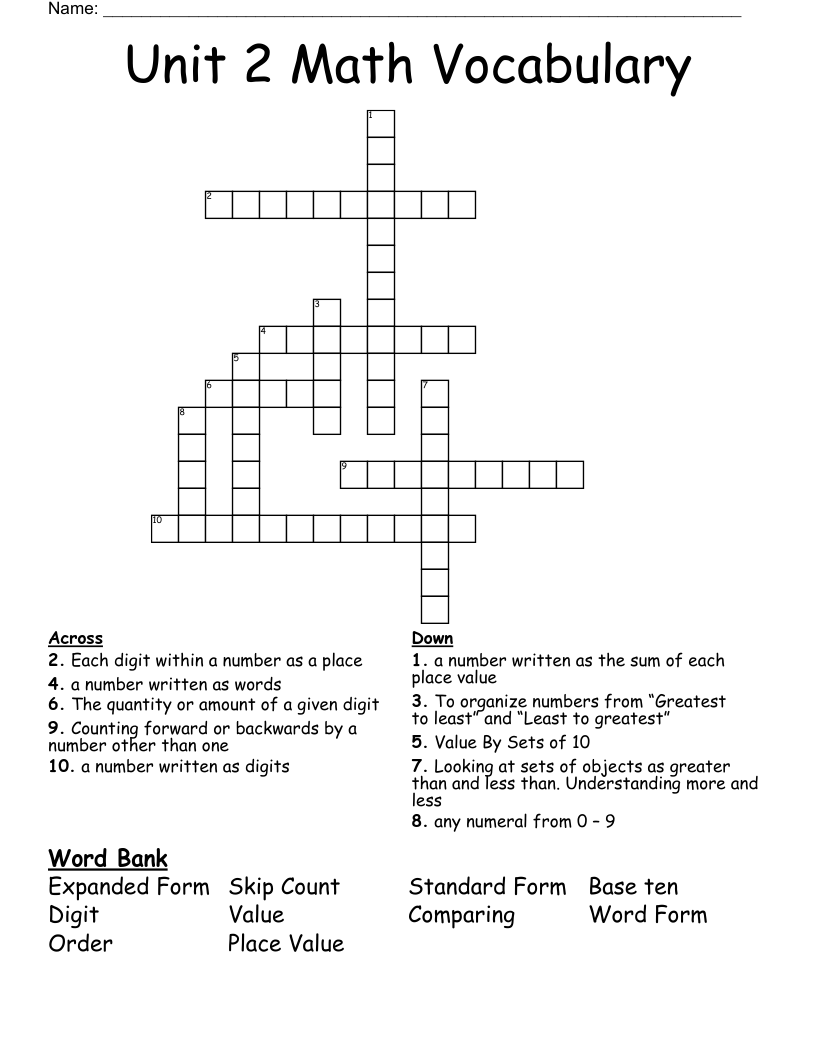 Unit 2 Math Vocabulary Crossword