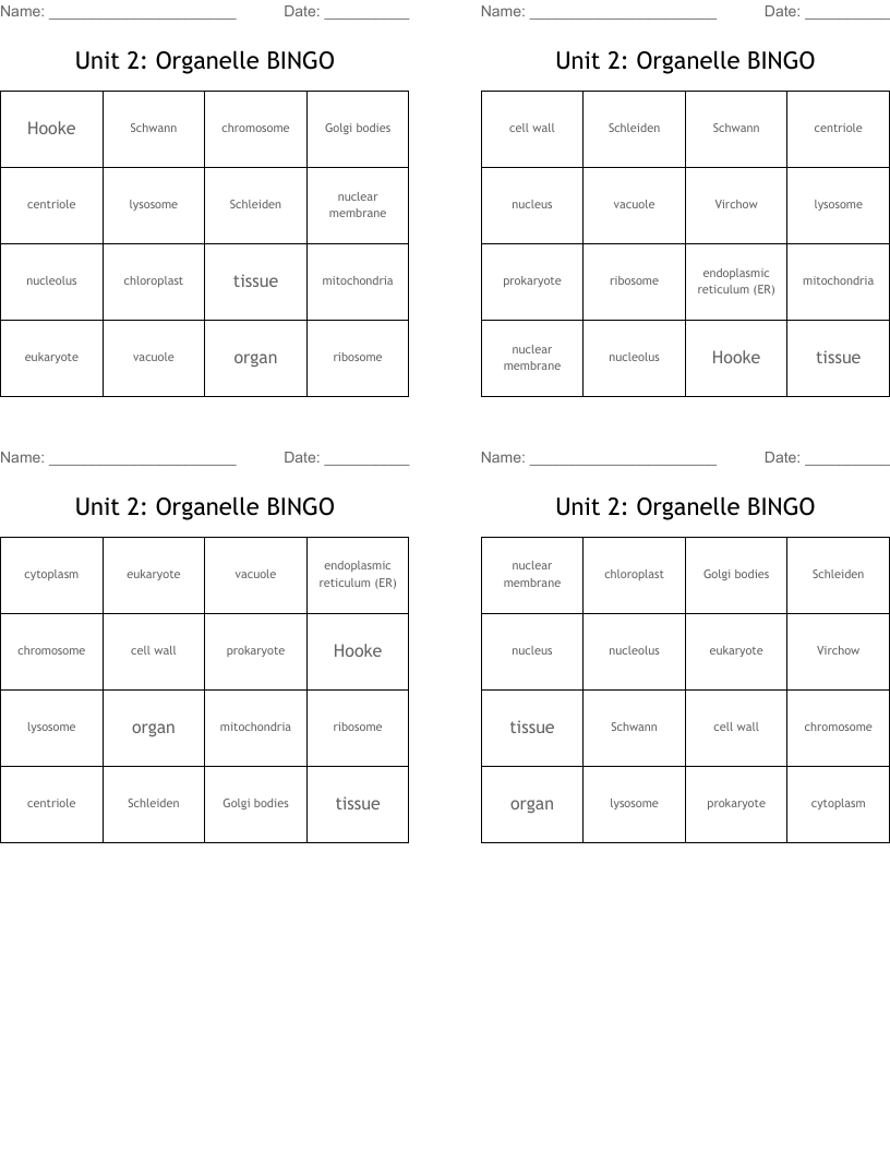 Unit 2: Organelle BINGO