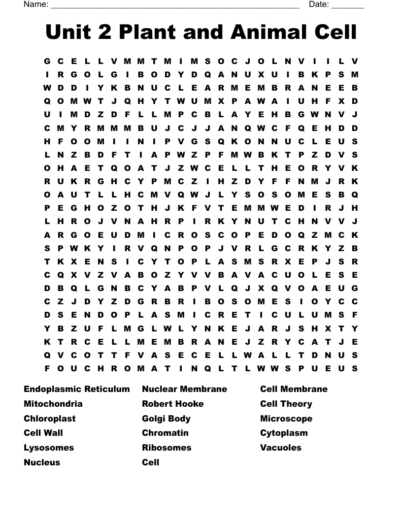 Unit 2 Plant and Animal Cell  Word Search