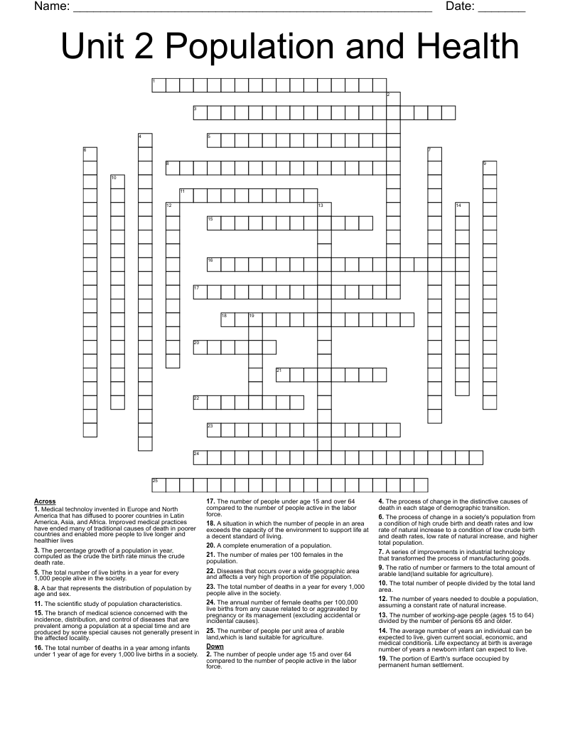 Unit 2 Population and Health Crossword