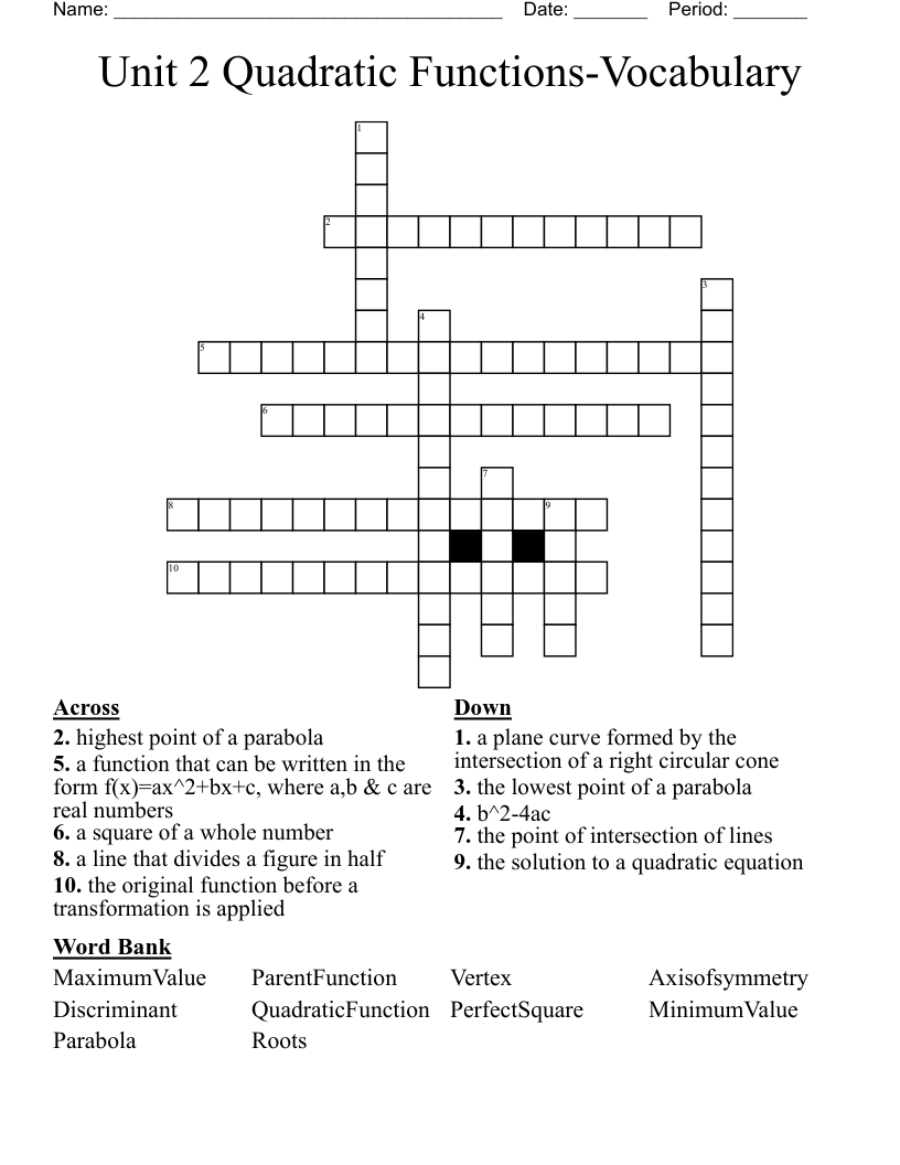 Unit 2 Quadratic Functions-Vocabulary  Crossword