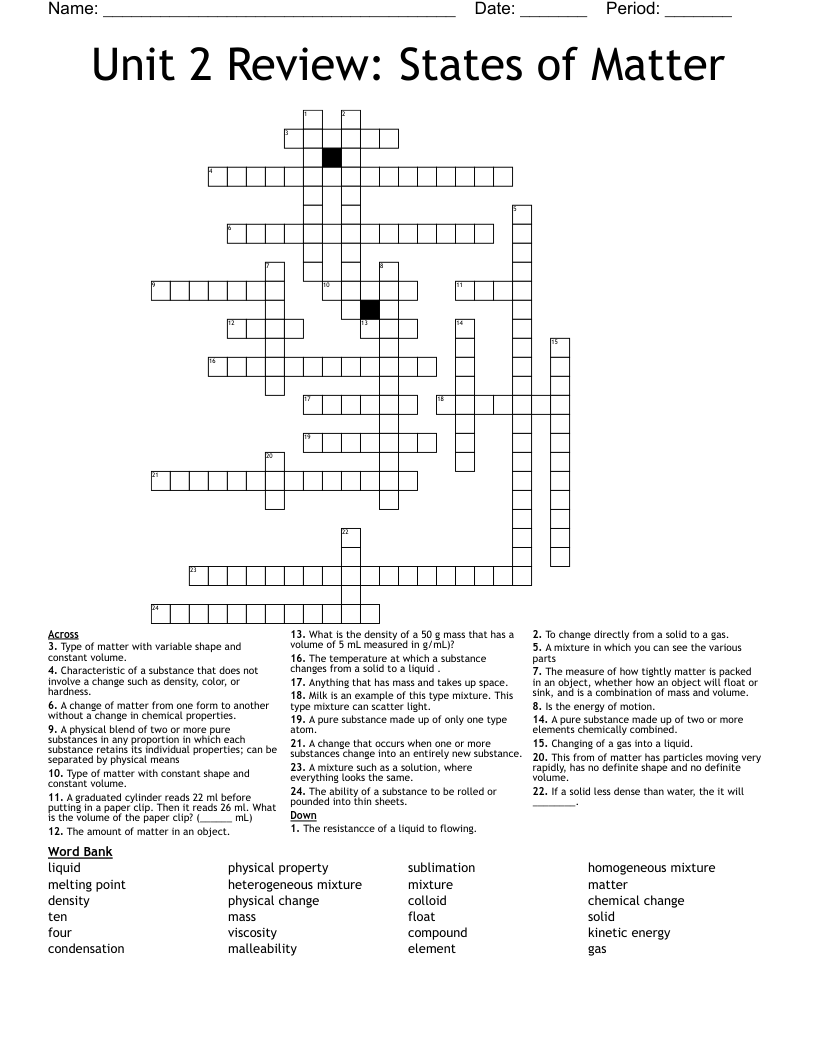 Unit 2 Review: States of Matter  Crossword