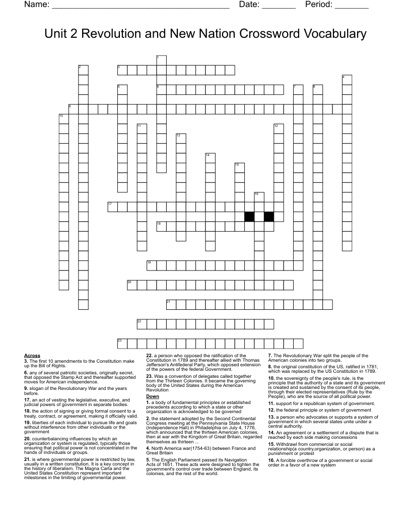 Unit 2 Revolution and New Nation Crossword Vocabulary 