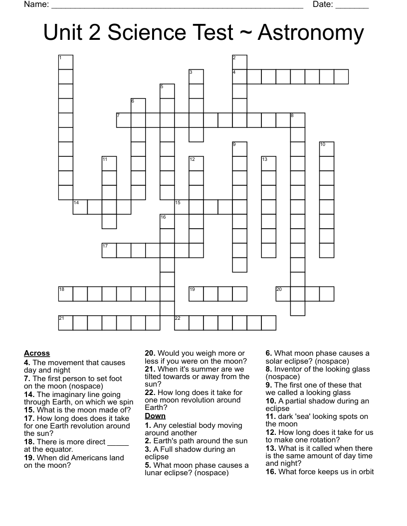 Unit 2 Science Test ~ Astronomy Crossword