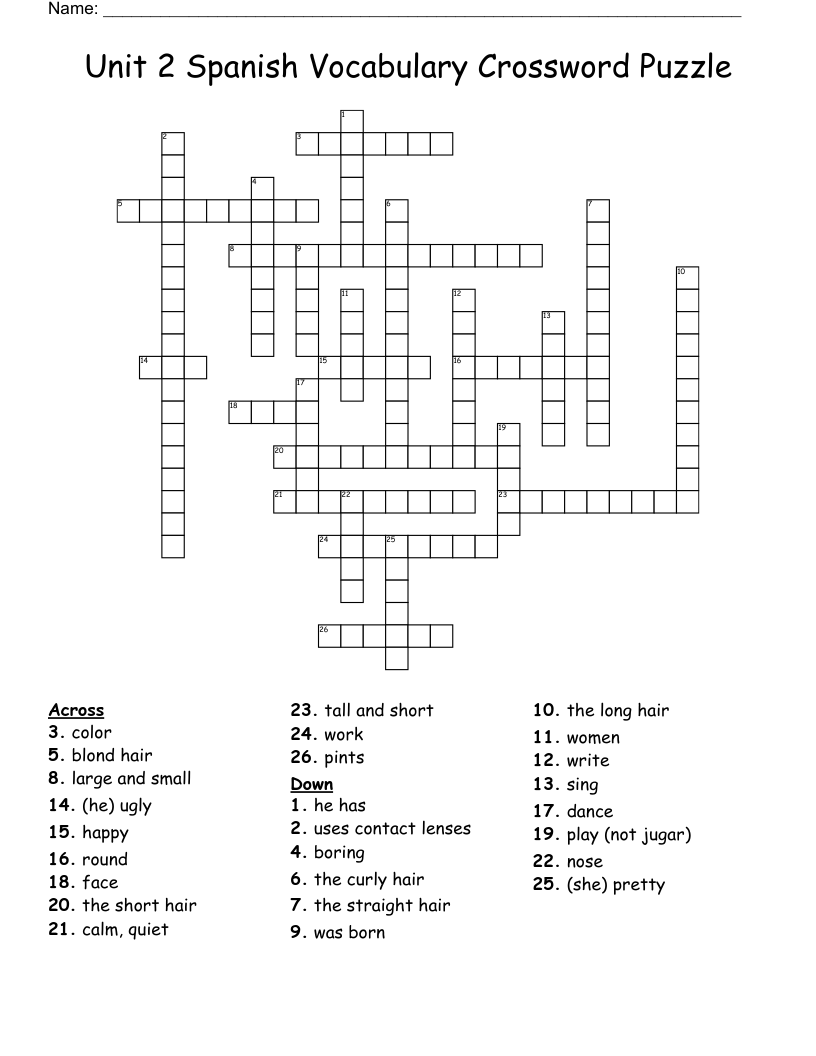 Unit 2 Spanish Vocabulary Crossword Puzzle