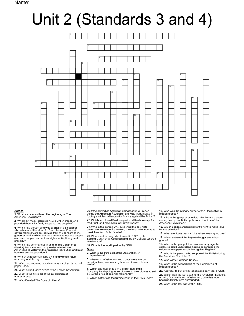 Unit 2 (Standards 3 and 4)  Crossword
