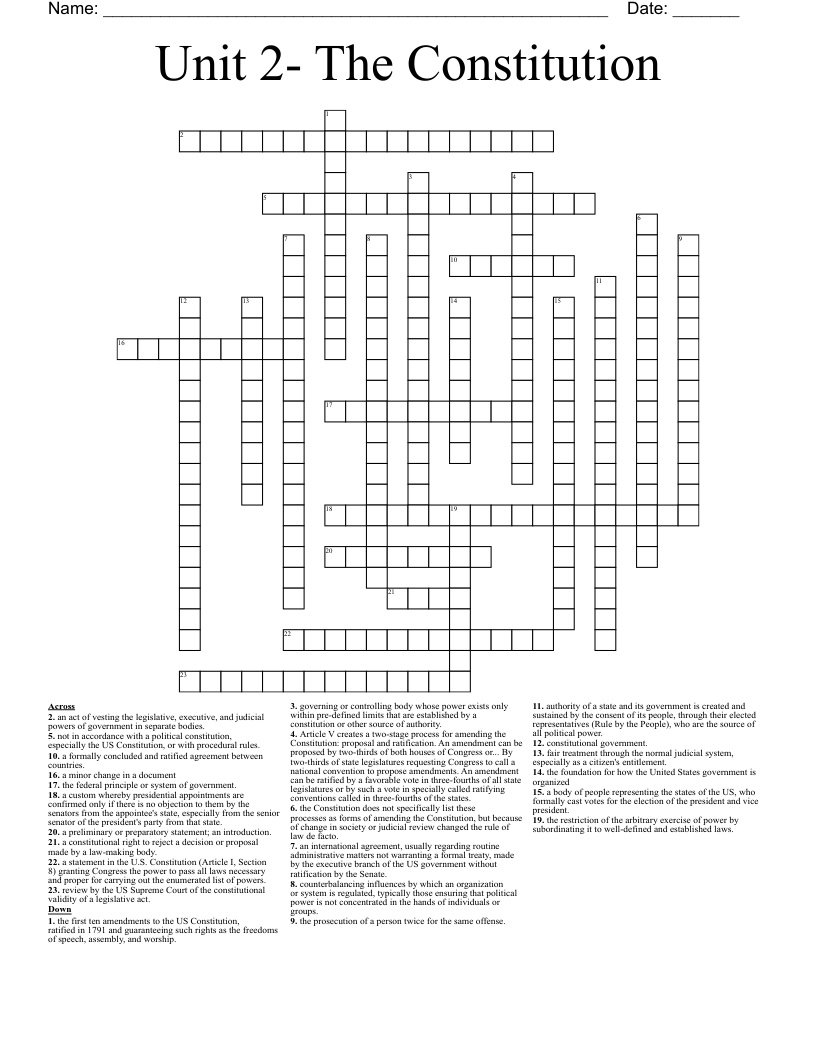 Unit 2- The Constitution Crossword