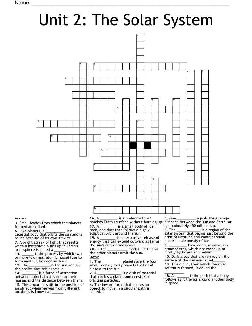 Unit 2: The Solar System Crossword
