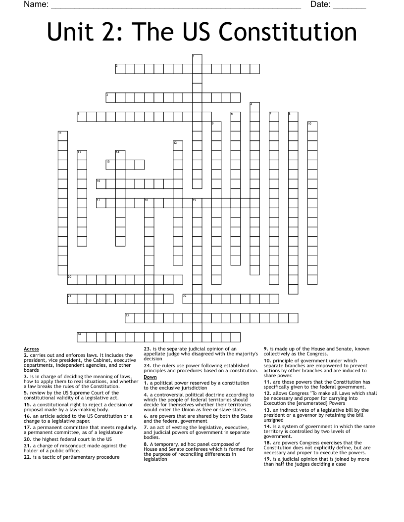 Unit 2: The US Constitution  Crossword