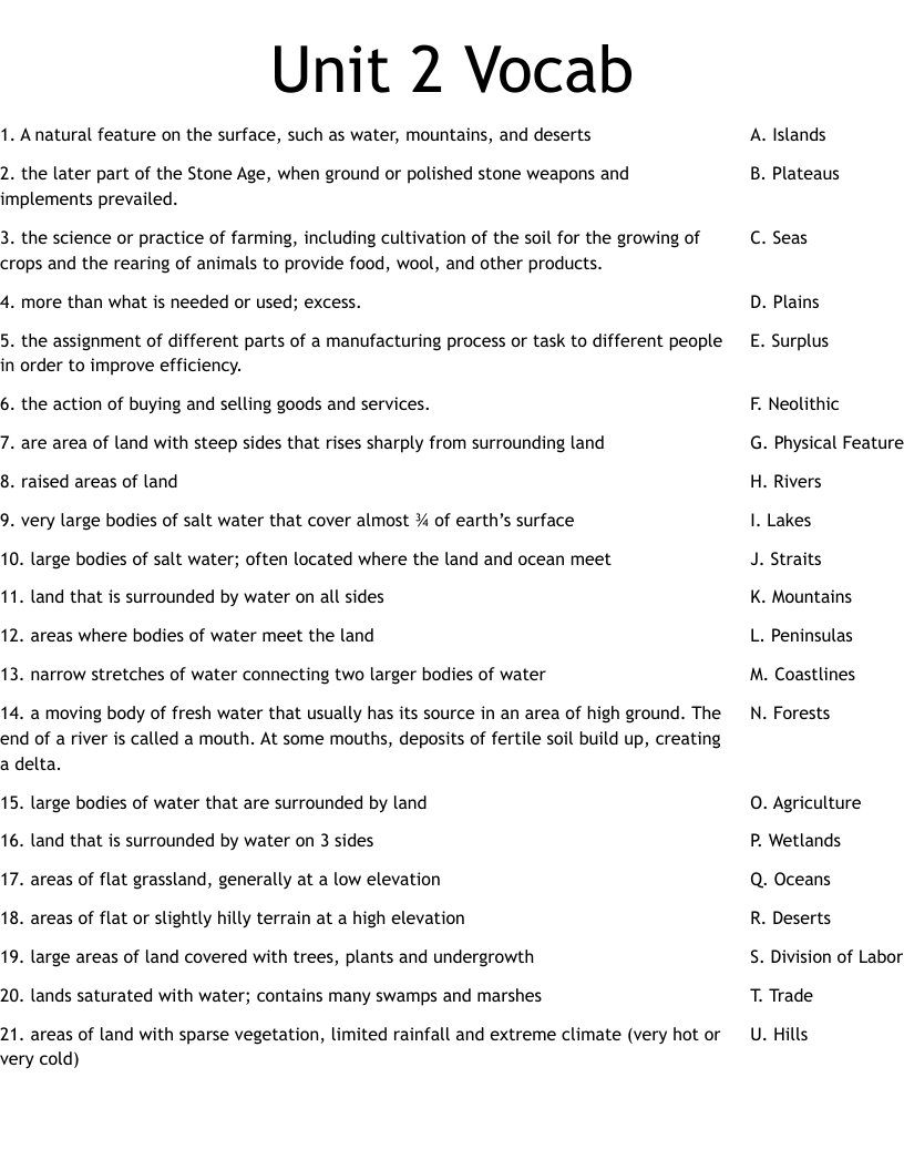 Unit 2 Vocab Worksheet
