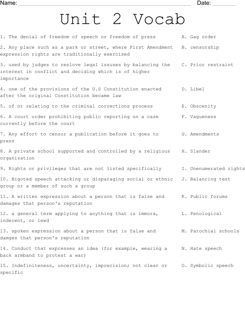 Unit 2 Vocab Worksheet