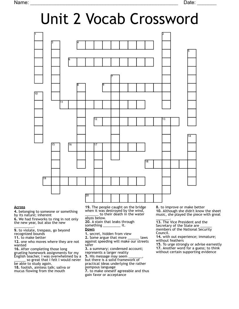 Unit 2 Vocab Crossword