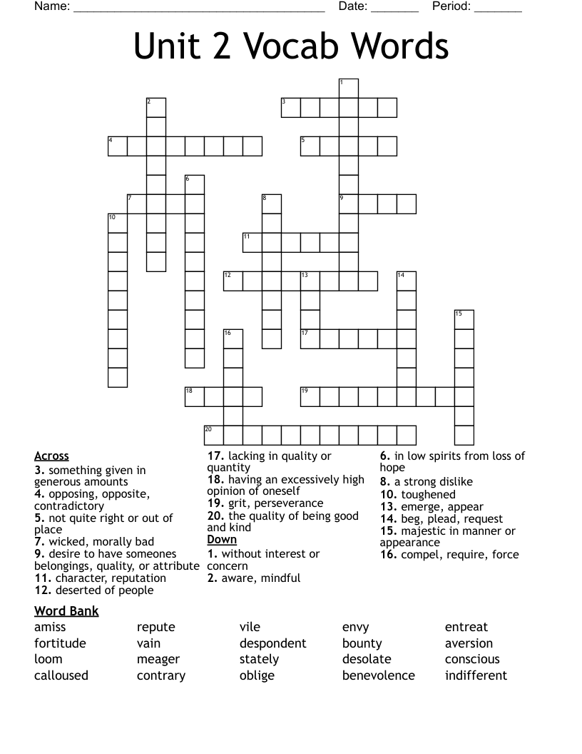 Unit 2 Vocab Words Crossword