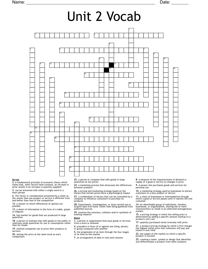 Unit 2 Vocab  Crossword
