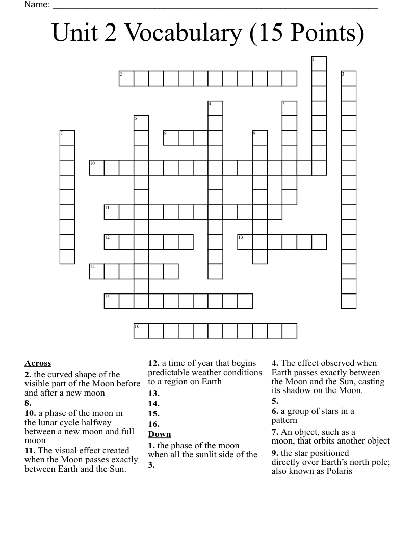 Unit 2 Vocabulary (15 Points) Crossword