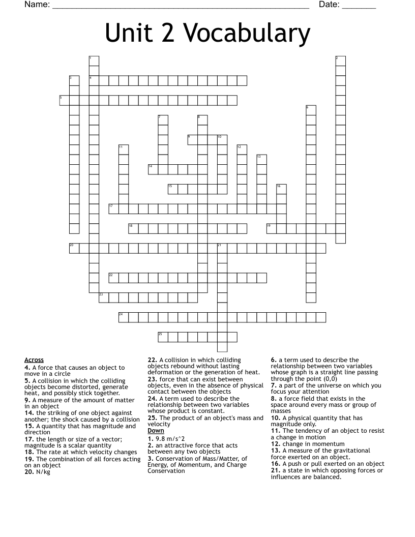 Unit 2 Vocabulary Crossword
