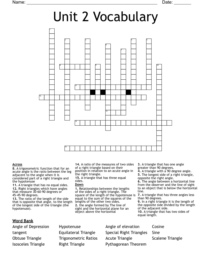 Unit 2 Vocabulary Crossword
