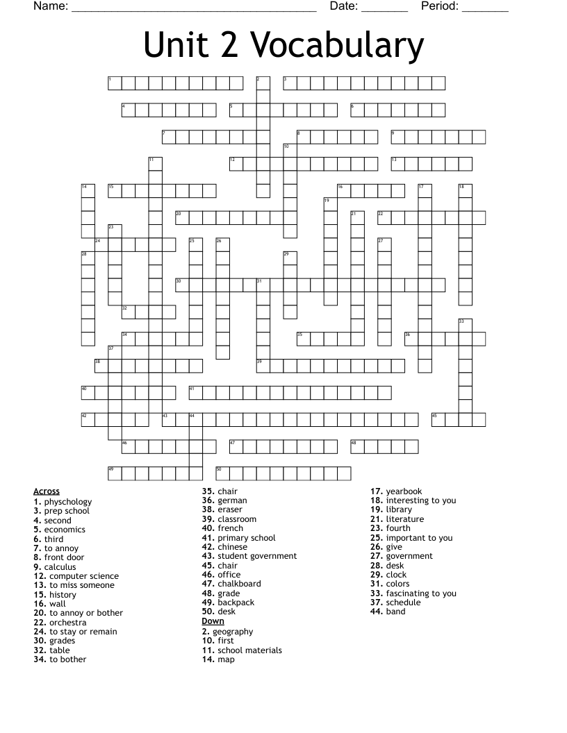 Unit 2 Vocabulary Crossword