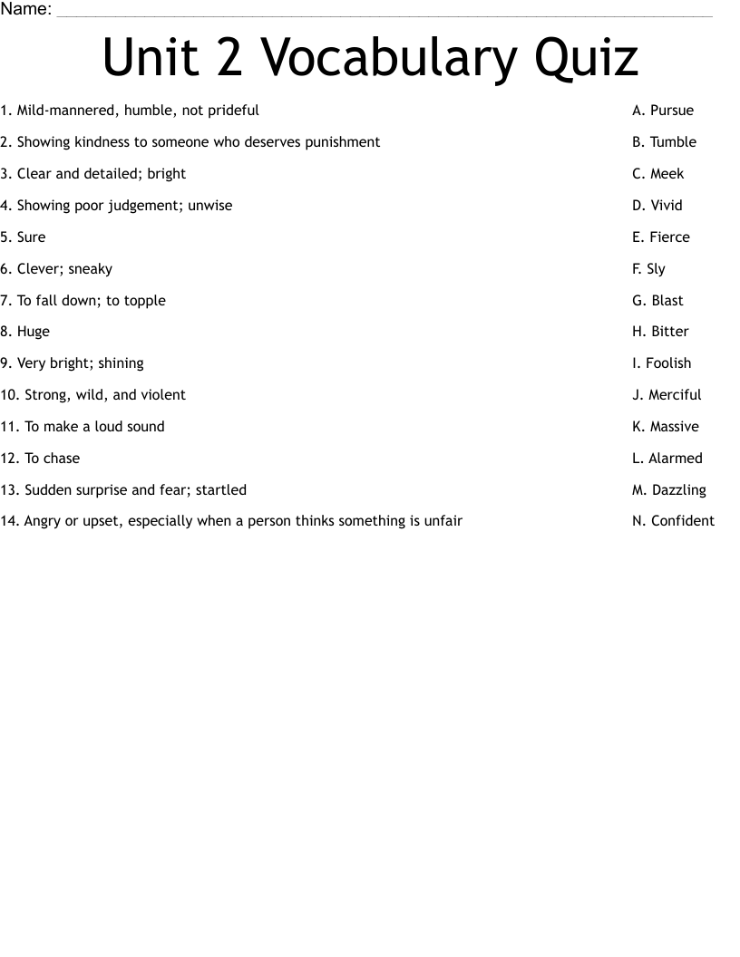 Unit 2 Vocabulary Quiz Worksheet